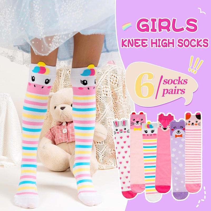 Eocom Girls Knee High Socks Kids Crazy Fun Gift Silly Tall Boot Cute Animal Cotton Long Socks 6 Pairs - Image 2